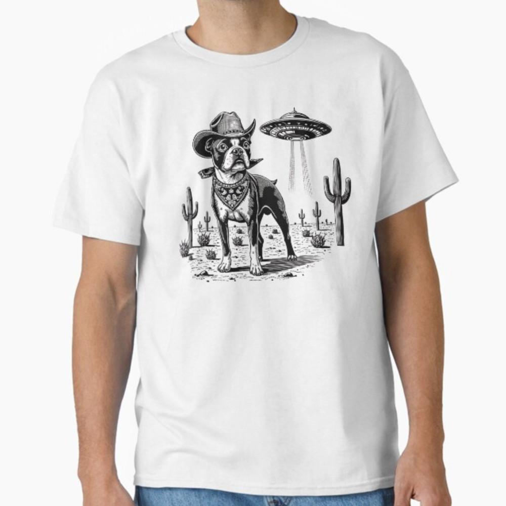 Boston Terrier UFO Cowboy Dog, Dog Mom, Dog Dad, Alien Dog T-Shirt Unisex T-Shirt L