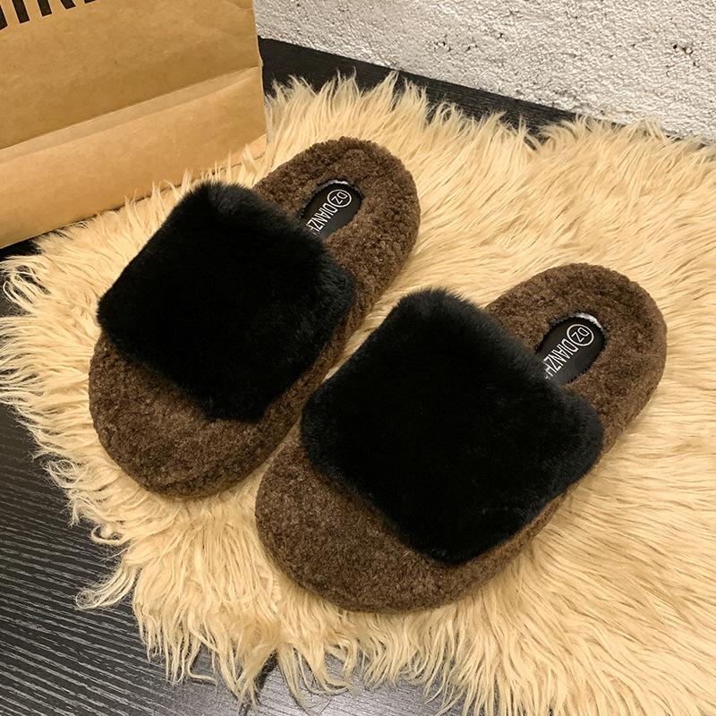 

Thick-bottomed fluffy slippers for women s outer wear 2025 new Japanese high-end fluffy one-word home warm cotton slippers 40 чёрный