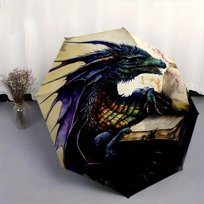 Dragon Book Theme Automatic Open/Close Umbrella, Portable 3 Fold Compact Umbrella for Men & Women, Valentine's Day Mother's Day Gift0725085