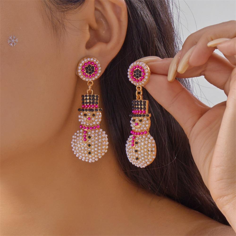 A Pair Exquisite Rhinestone Christmas Earrings Zinc Alloy Snowman Earrings  New Year Celebration