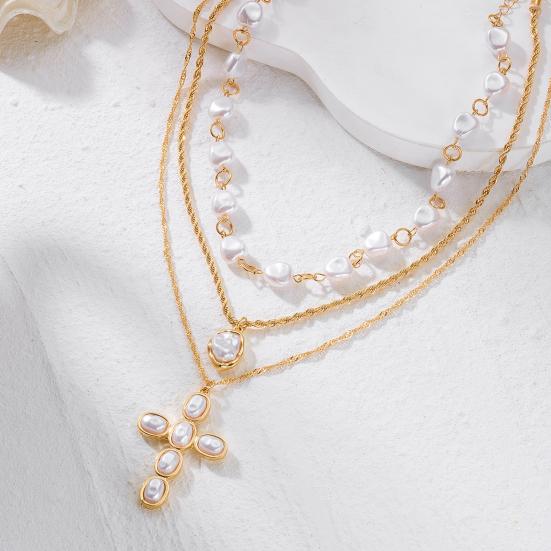 1 Set Stacked Faux Pearl Necklaces Women Vintage Multi Strand Necklace Irregular Faux Pearls Choker Religious Pendant Necklace for Dating Party