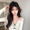 Women's Autumn Lace Trim Bow Slim Fit Long Sleeve Top