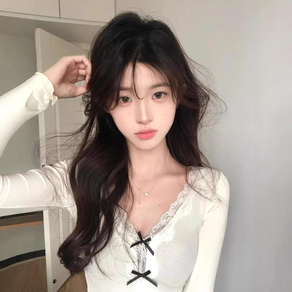 Women's Autumn Lace Trim Bow Slim Fit Long Sleeve Top