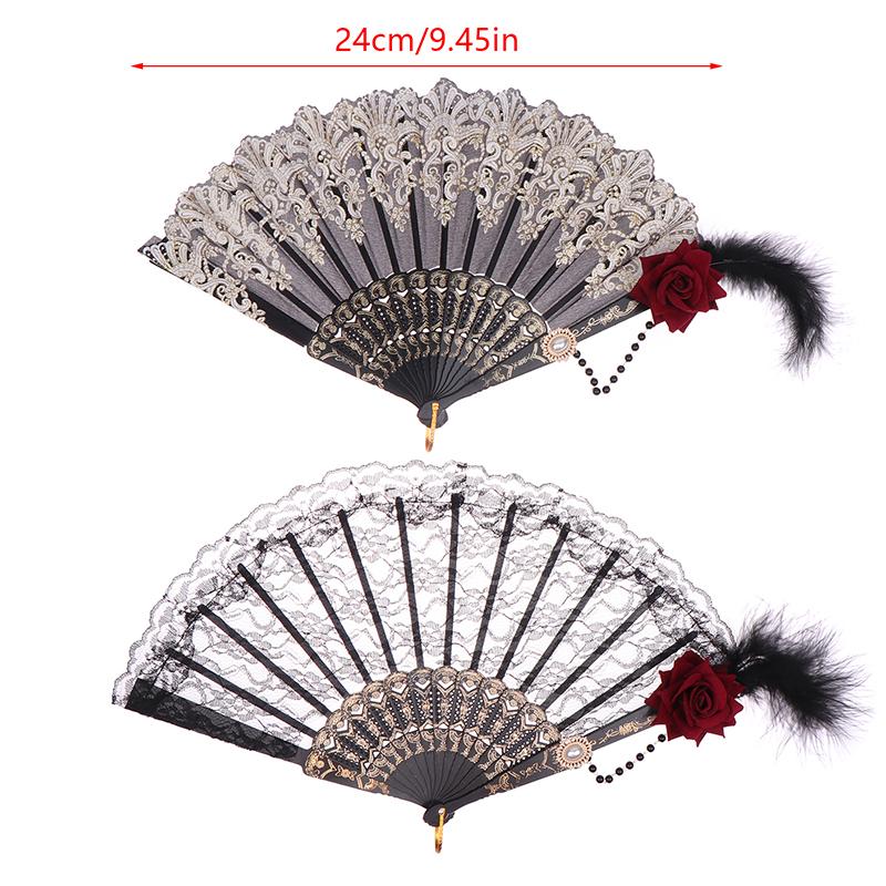 Lolita Fan Feather Rose Folding Fan European Style Retro Gold Plated Lace Hand Fan Female Tea Party Wedding Fans Cosplay Props