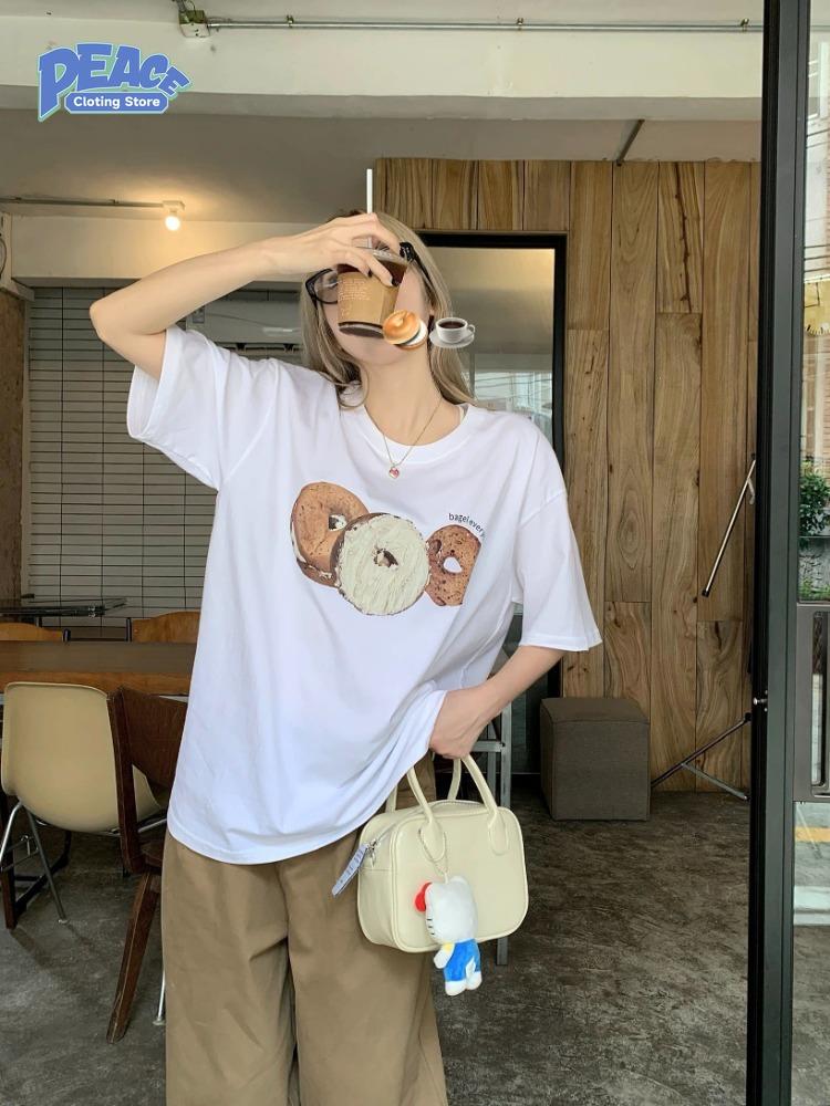 Cute Donut Printed T-shirt for Men and Women Fashion Pure Cotton T-shirt Summer Comfy Commute Short Sleeve Top 90s Graphic Tee