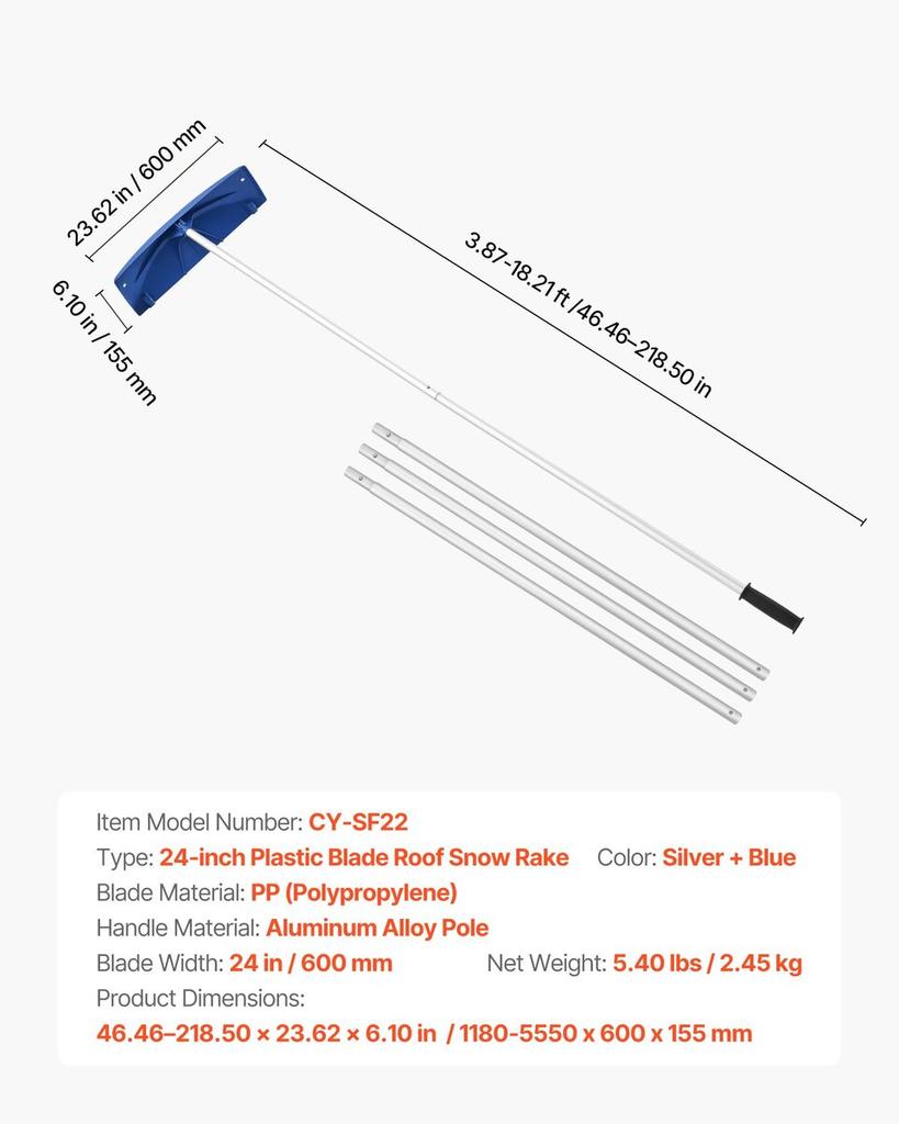 Snow Roof Rake, 60cm PP Plastic Blade, 1.18-5.55 m Adjustable Roof Snow Scraper with Wheels, Anti-Slip Handle Snows Removal Tool, Lightweight House