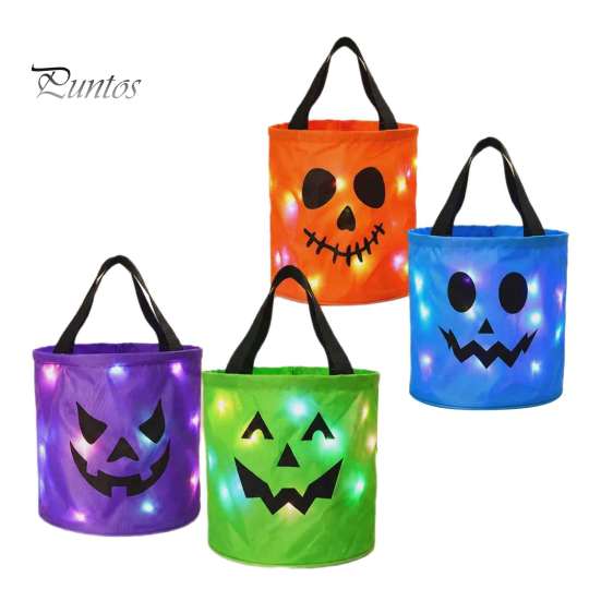 Outdoor Night Safety Props LED Light Up Halloween Bucket, Glow In The Dark Trick or Treat Candy Collapsible Decorative Pails Bag with Handle, Reusable