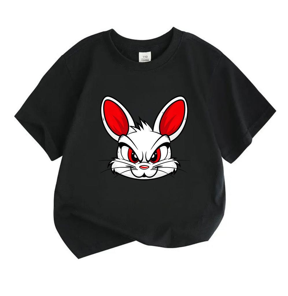 Kids Boys Girls 100% Cotton Crew Neck Short Sleeve T-Shirt, Cool Angry Cartoon White Bunny Red Eye Pattern Casual Soft Tees for Children Daily Outdoor