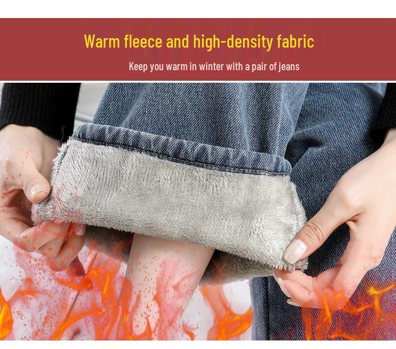 Women's Light Blue Fleece-Lined High-Waisted Wide-Leg Jeans - Winter Thickened for a Loose, Slimming Fit with Trendy Design.