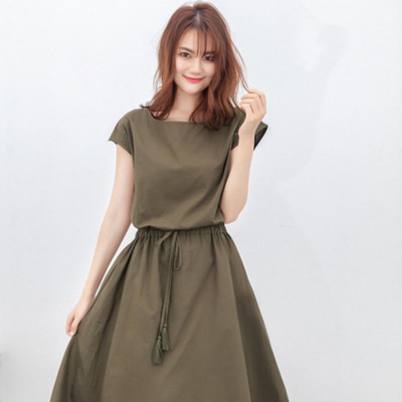 Literary Pendulum Skirt, Summer New Waist Loose Large Size Cotton and Linen Short-sleeved Dress Women