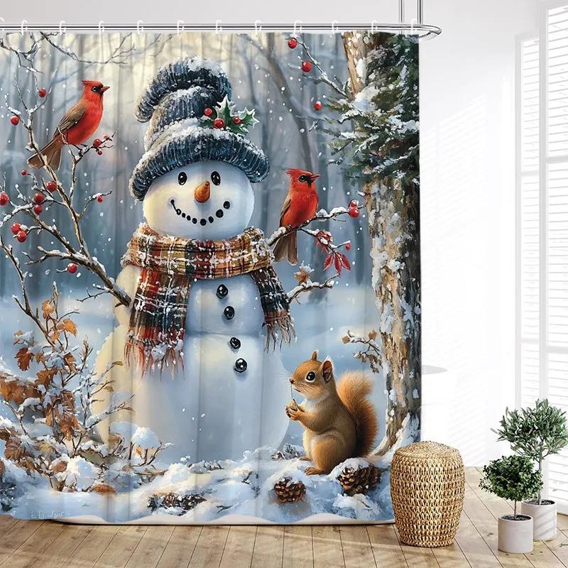 GAEFunny Red Santa Claus Shower Curtain Gold Xmas Balls Gifts White Snowflakes Winter Christmas Bath Curtains Home Bathroom De
