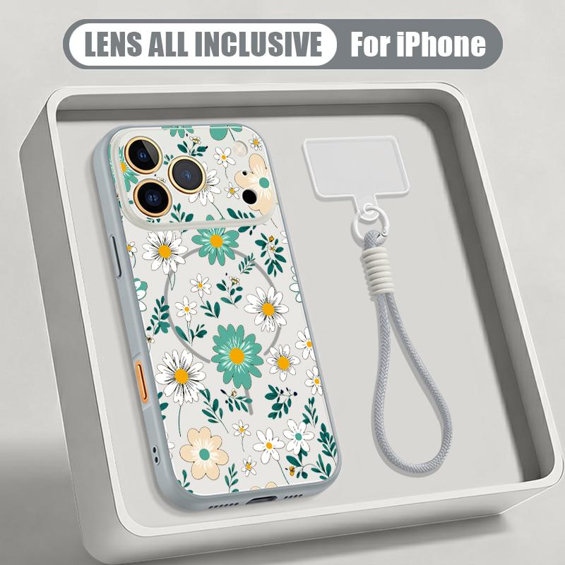 Little Flower Pattern Magnetic Lanyard Phone Case For iPhone 17 Pro Max 16 15 14 13 Pro Max For Magsafe Shockproof Hard PC Cover