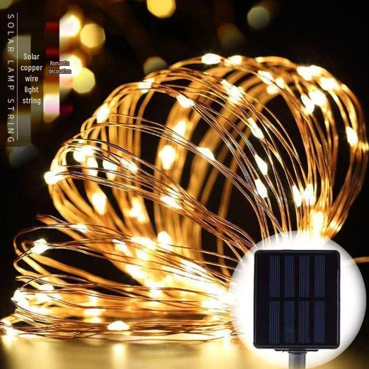 Outdoor Waterproof LED Solar Copper Wire String Lights with 8 Functions for Courtyard and Camping Holiday Decoration