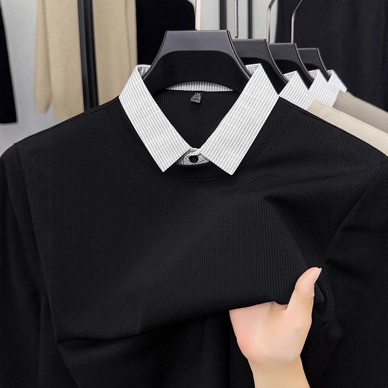 New Fall Winter Men s Faux Layered Lapel Crew Neck Slim Long Sleeve Casual Base Layer M