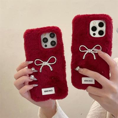 Custodia in Peluche Bordo con Fiocco per iPhone 15, iPhone 16, iPhone 17 Pro Max