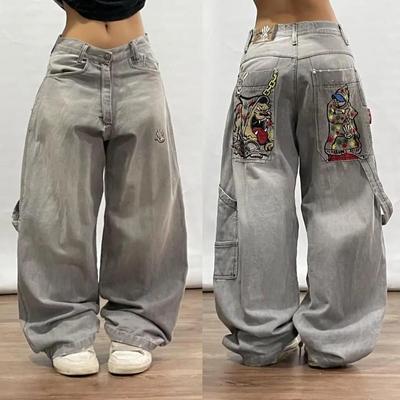 Mode Lässig Lose Große Tasche Jeans Harajuku Hohe Taille Gerade Bein Breite Bein Hose