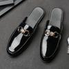 New Men Metal Buckle Half Slippers Loafers Male Casual Patent Leather Mules Moccasins Breathable Slip On Driving Shoes