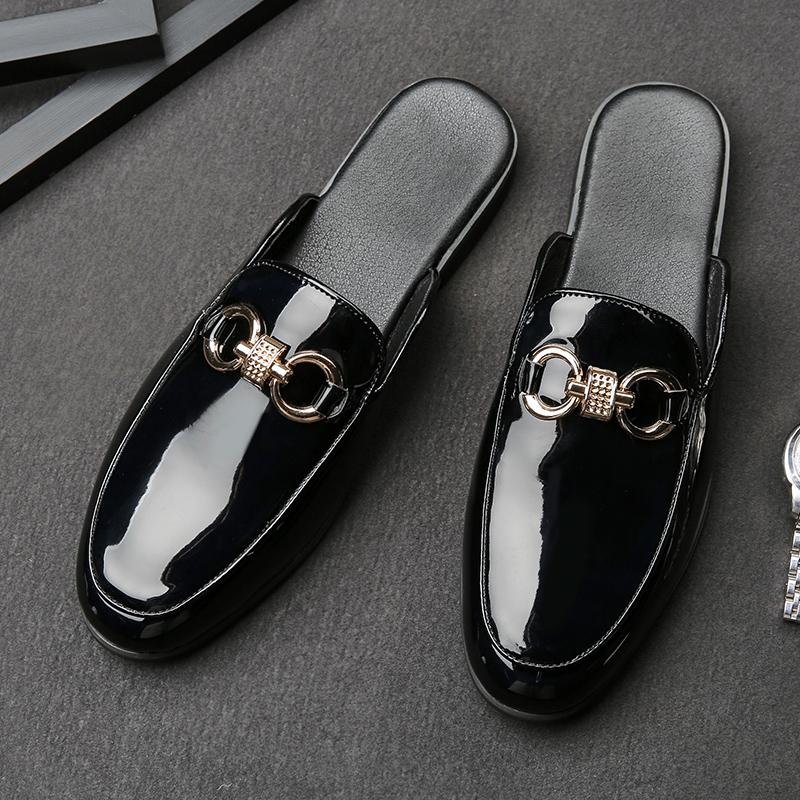 New Men Metal Buckle Half Slippers Loafers Male Casual Patent Leather Mules Moccasins Breathable Slip On Driving Shoes