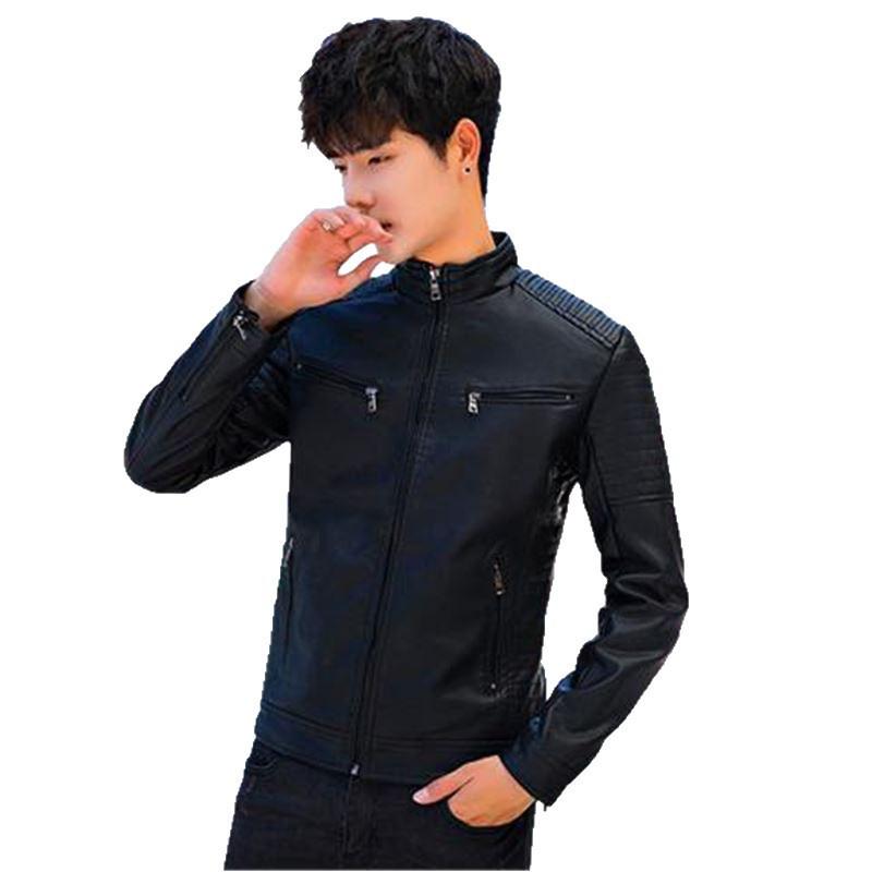 Korean Style Men's Winter Leather Motorcycle Jacket with Velvet Lining