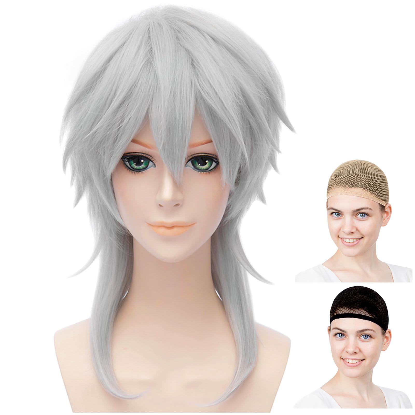CaseEden Cosplay Longer Heat Silver Silver Gray WIG5311 Wig, Short, Nape, Resistant, Hair,