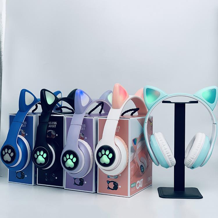 Cute Cat Ears Luminous Bluetooth Headset Folding Card Headset Wireless Headset