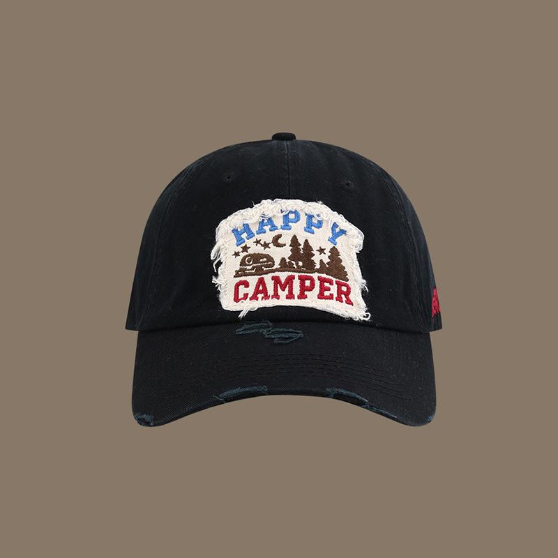 Happy Camper Patchwork Baseball Cap  Adjustable Snapback Lightweight Polyester Distressed Design with Forest  Campfire Graph