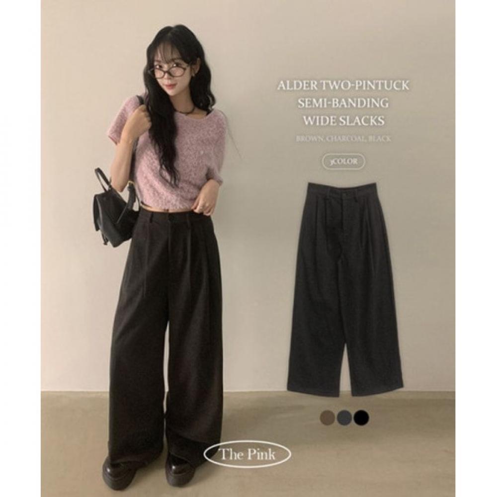 The Pink Women Alder Wool Two Tuck Back Banding Wide Slacks