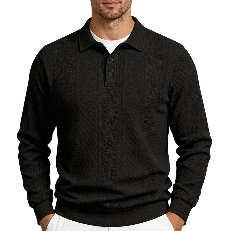 Men's Jacquard Textured Button Down Collar Polo Sweatshirt.