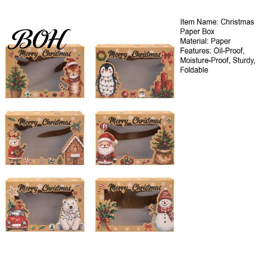 Christmas Treat Boxes for Kids 6Pcs Paper Gift Boxes, Xmas Color Printed Foldable Cookie Clear Window Holiday Bakery Packaging Desserts, Candies,