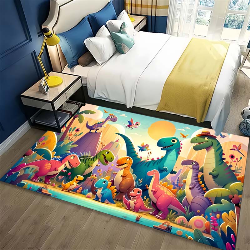 Cartoon Colorful Dinosaur Jungle Sun Landscape Print Area Rug Non‑Slip Rectangular Floor Mat Prehistoric Home Decor