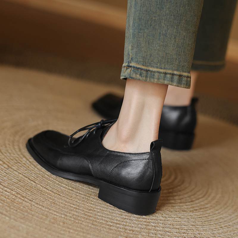 Krazing Pot Cow Skin Autumn Winter Brogues Shoes Lace Up Low Heels Size 42 Round Toe Oxford Shoes Deep Mouth Pumps