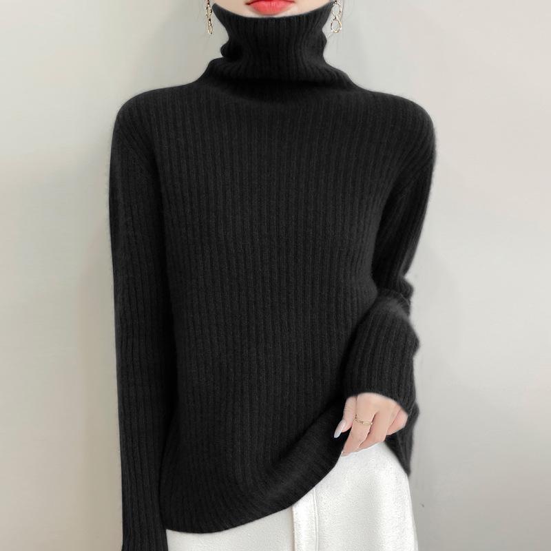 2025 Autumn/Winter High-Neck Pure Wool Ribbed Knitwear Loose Pullover Base Layer