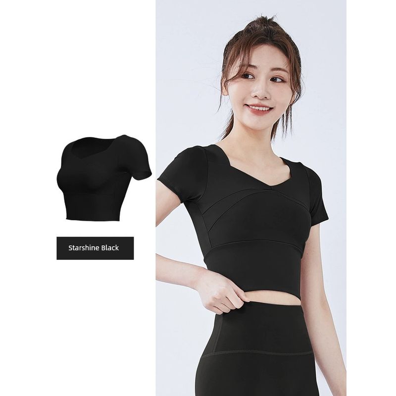 

Spring and Summer Fancy Yoga Clothes Suit Women s Chest Pad Quick-Drying T-shirt Professional Running Sports Weight Loss Fitness Clothes Black M