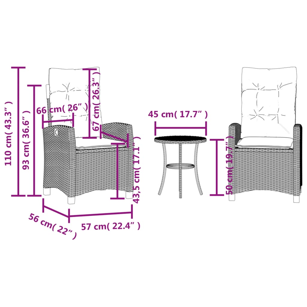 3 Piece Bistro Set with Cushions Grey Poly Rattan