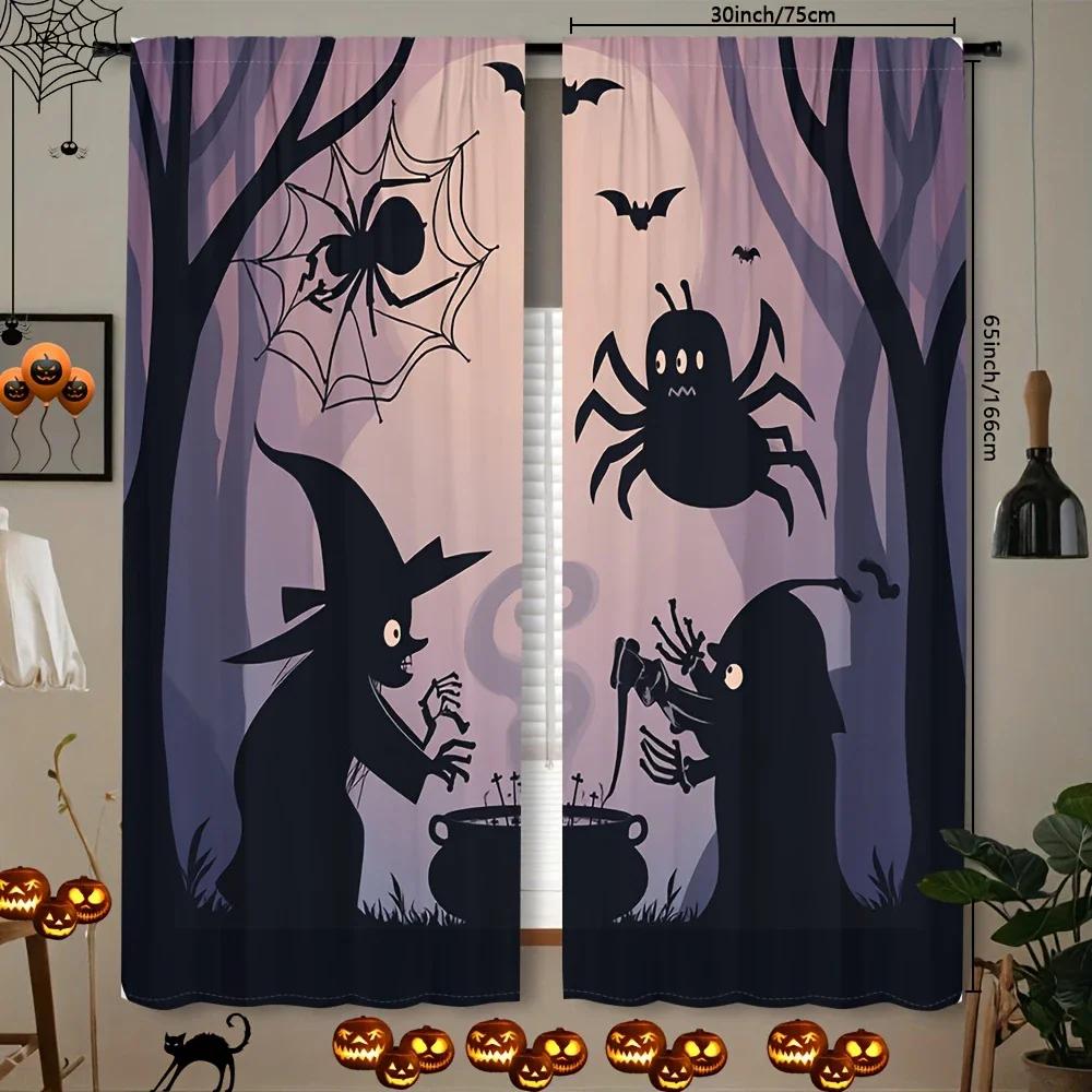 

Set Of 2 Halloween Witch Skull Print Curtains Pole Bag Home Decoration Room Curtain Polyester W100*H70(CM)-Grommet top&2PCS