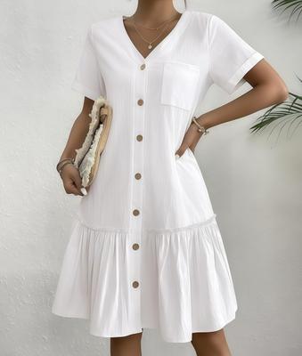 Women Summer Loose Dress Ruffle Hem Casual Short Sleeve Dresses Cardigan Shirt Dress