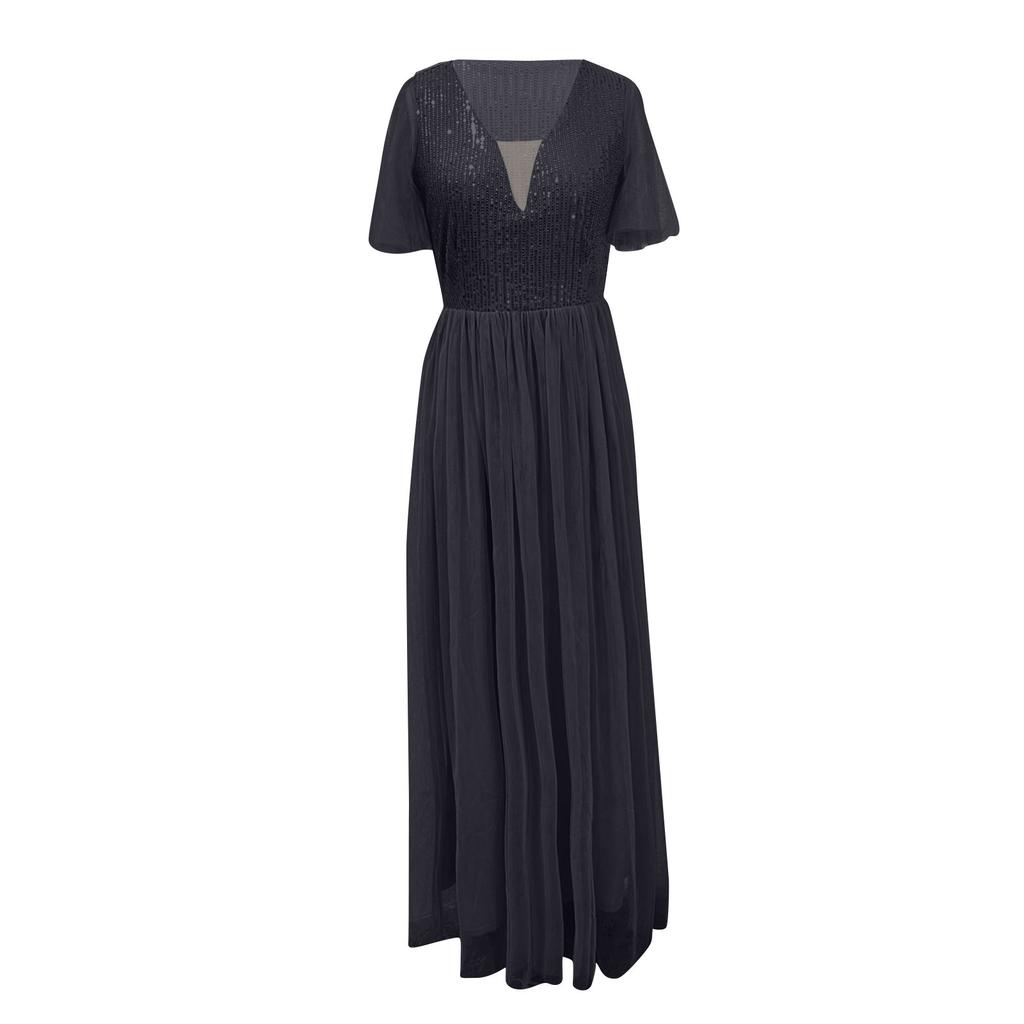 Evening Dress Banquet Mesh Long Swing Dress V-neck Sexy Short-sleeved Long Dress