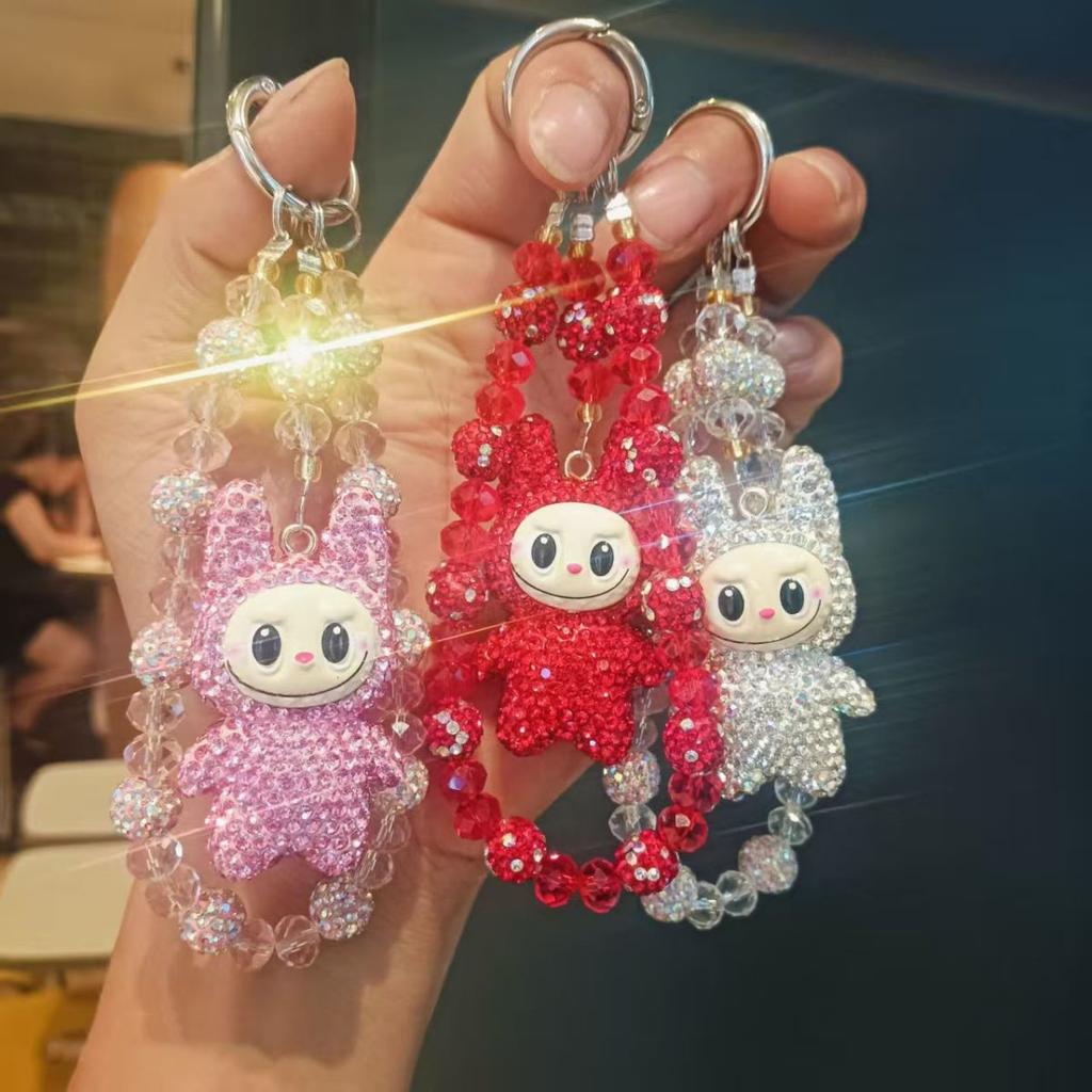 2025 Top Selling Creative Full Diamond Clay LABUBU Beaded Phone Chain for Women Cute Bag Chain Key Pendant