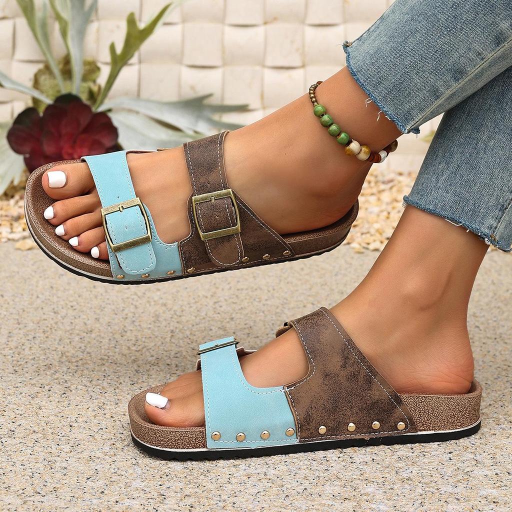 Damen Retro Geometrische Metallschnalle Flache Sandalen Offene Zehen Sommer Strand Schuhe Damen Hausschuhe
