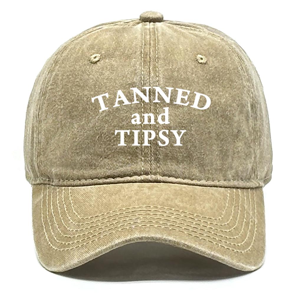 Unisex Adjustable Sun Hat "Tanned and Tipsy" Print Trucker Cap Distressed Retro Outdoor Snapback Baseball Caps One Size Fits All