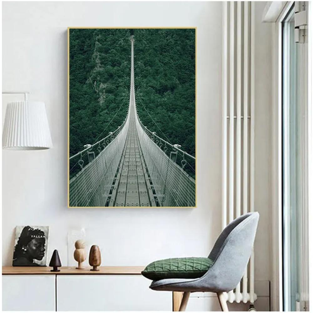 Forest Waterfall Bridge Landscape Picture Scandinavian Scenery Nature Canvas Wall Art Print Painting Nordic Decoation
