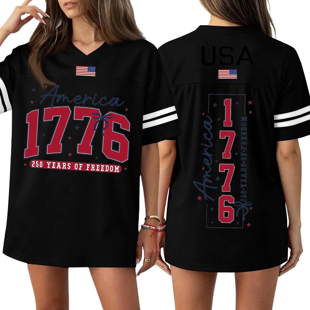 Women's Casual Fashion V-Neck Sports Independence Day Print Short Sleeve Sports T-Shirt Top