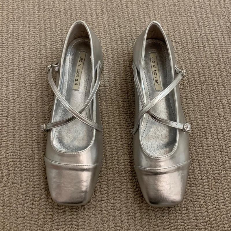 Fashion Medium Heeled Mary Jane Single Shoes   New Women Shoes Retro Thick Heeled Ballet Shoes Cross Buckle Shallow Soft Sole Shoe