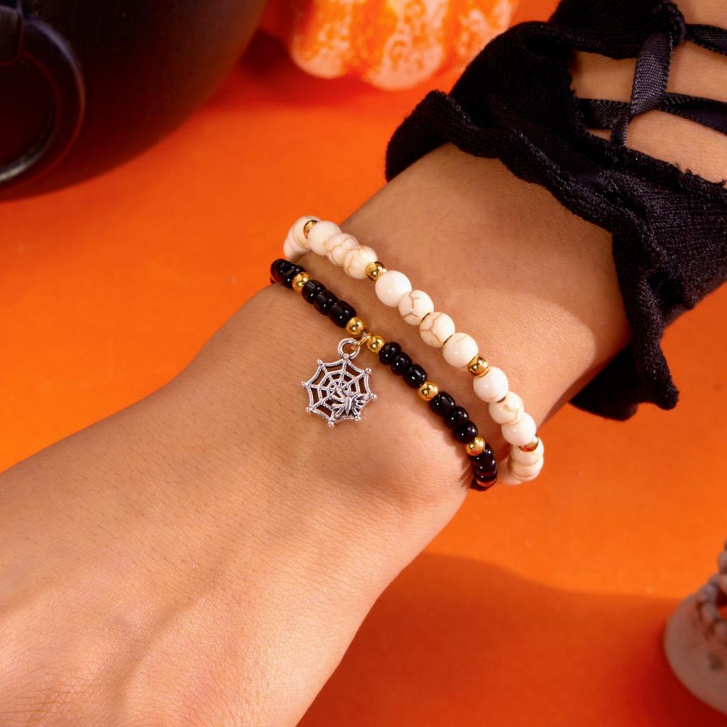 Halloween Pumpkin Spider Web Pendant Bracelets Double Layer Crystal Natural Stone Rice Beaded Boho Jewelry Gift For Women Men