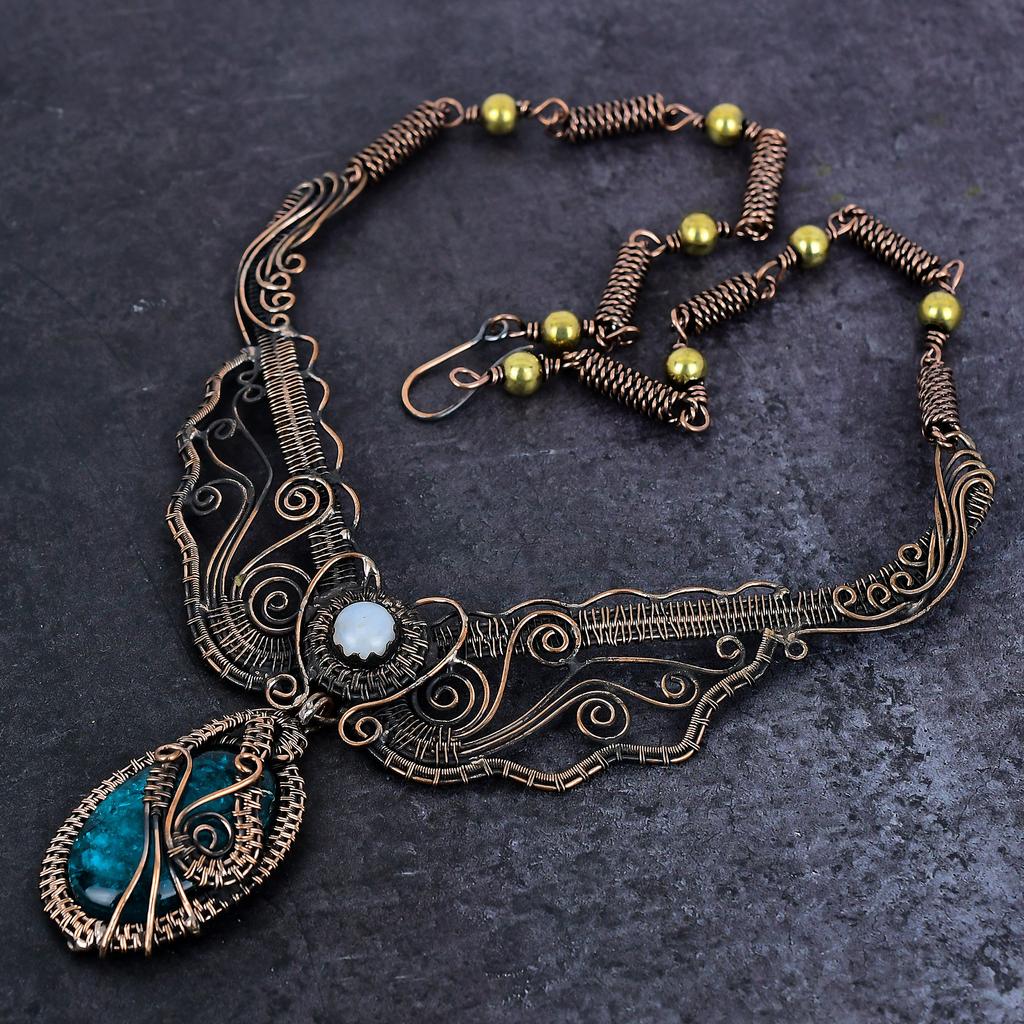 Natural Neon Blue Apatite, Moonstone Copper Wire Wrap Jewelry Necklace 18" s8A15