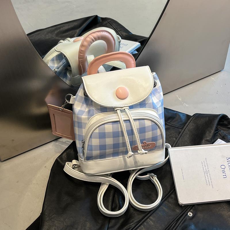 Cute girl student bag new contrasting color plaid backpack high-end texture fashion women's bag