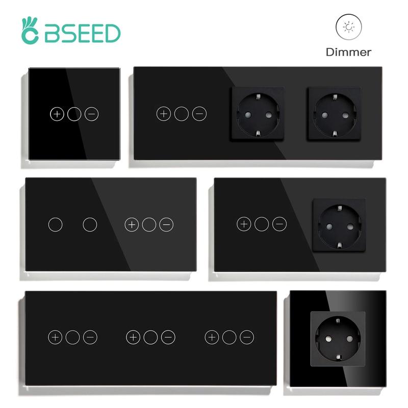 BSEED Touch Dimmer Switches 1gang1way Wall Light Switch LED Dimmer Plus EU Wall socket USB EU Standard Blue Backlight 10A