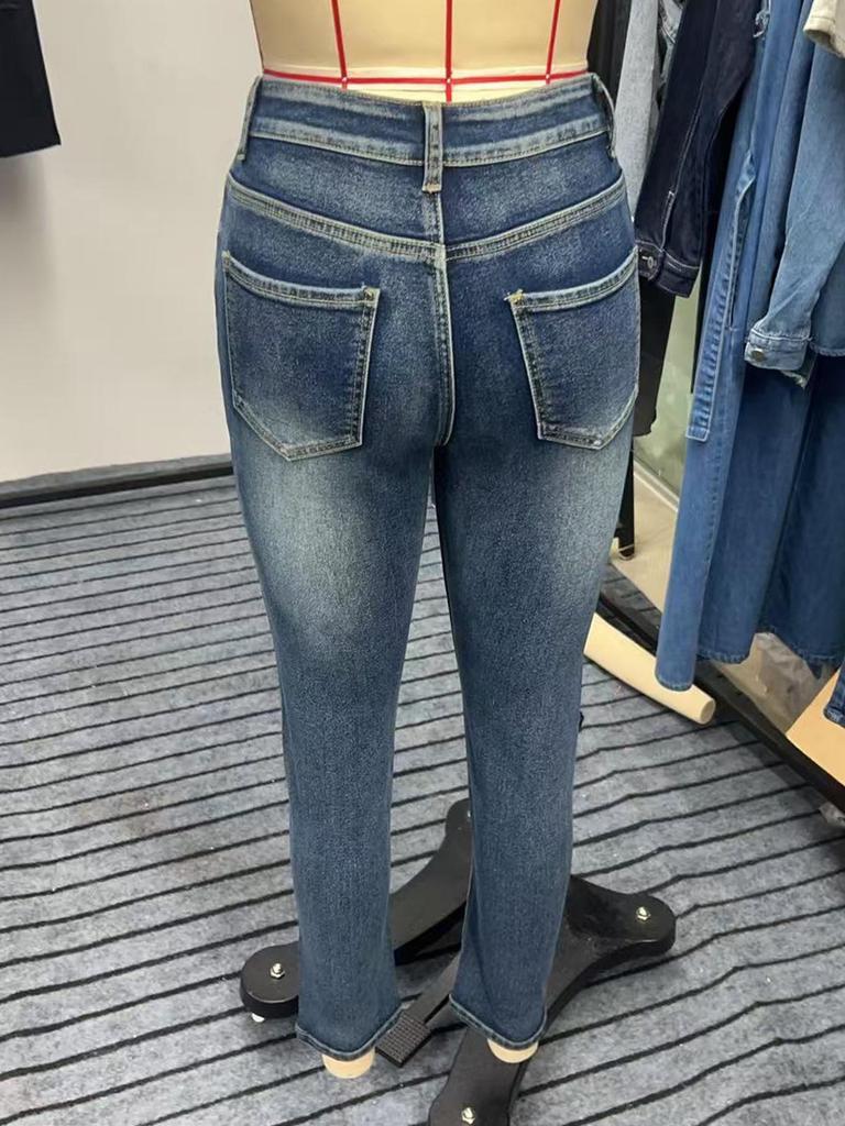 European & American Cross-Border Mid-Waist Washed Stretch Butt-Lifting Women's Skinny Jeans
