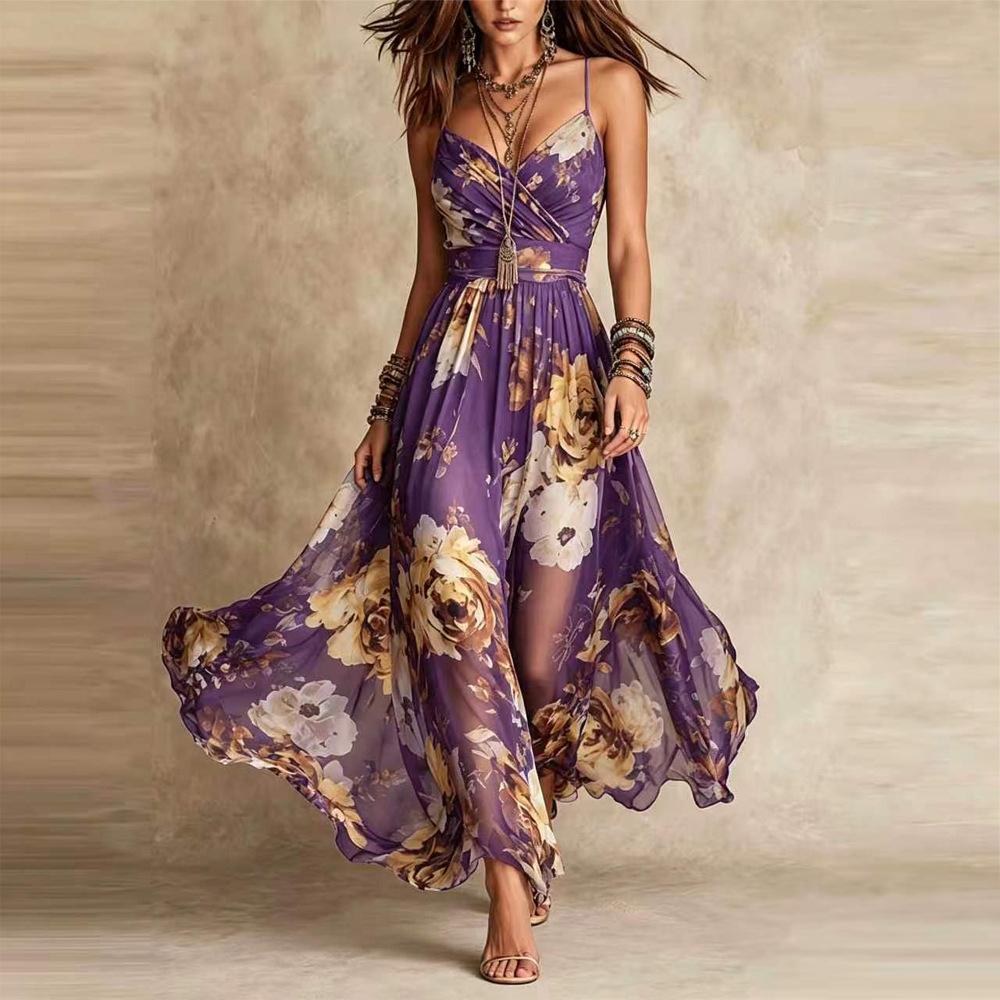 Spring and summer European and American women's clothing printed pleated sexy suspender dress long dress