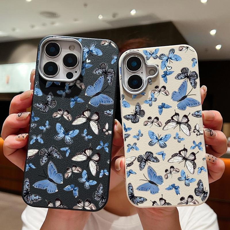 Leather Soft TPU Case For iPhone 16 16e 15 Pro Max 14 13 12 11 Small Butterfly Printed Shockproof Soft Silicone Phone Cover